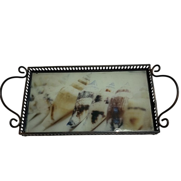 Source Unknown Other - Antique Vanity Plateau Tray Shells Print Rod Iron W/Handles Perfume Jewelry Bath